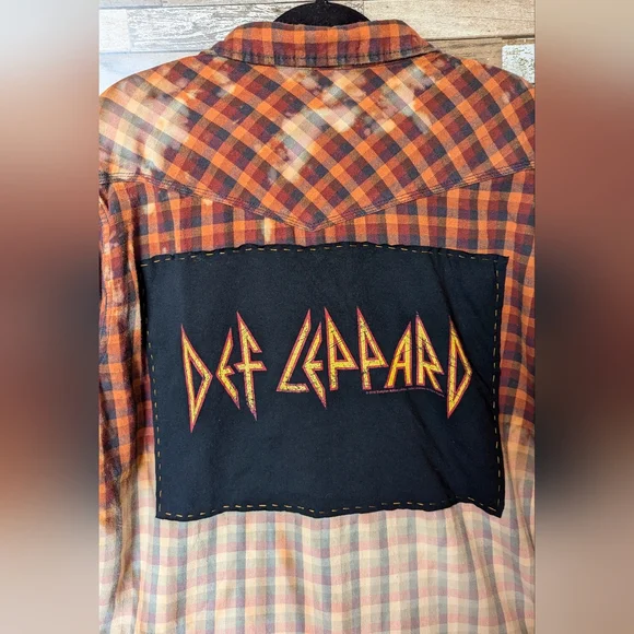 Def Leppard Upcycled Dip Dye Bleach Flannel Shirt - Picture 5 of 15